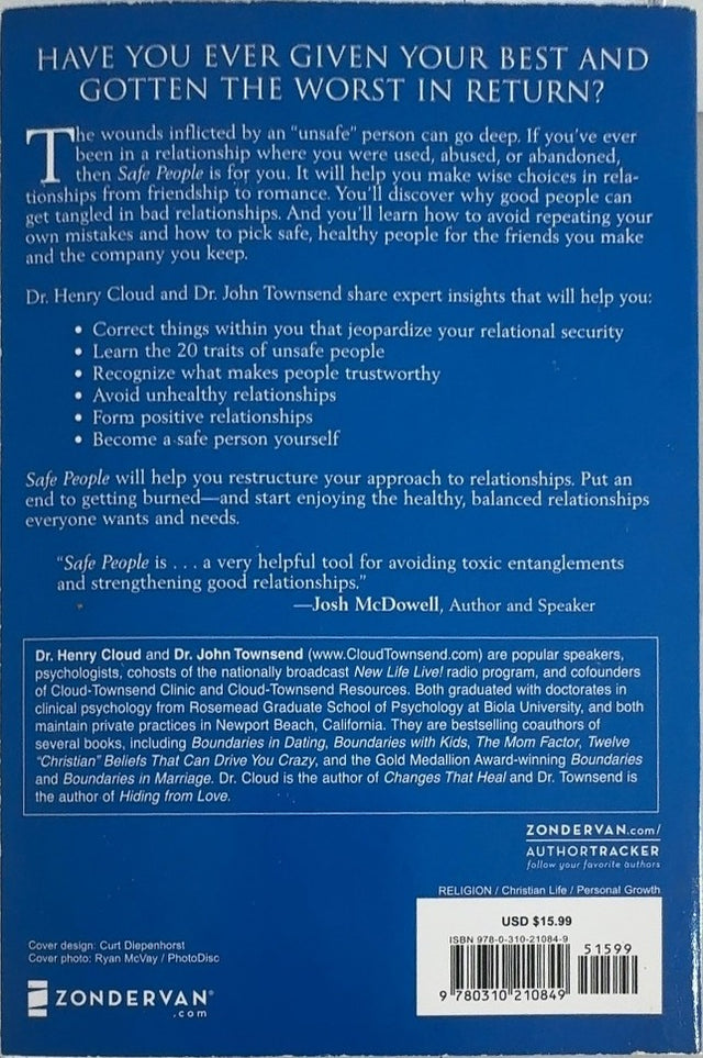 Safe People - By Dr. Henry Cloud & others - back cover