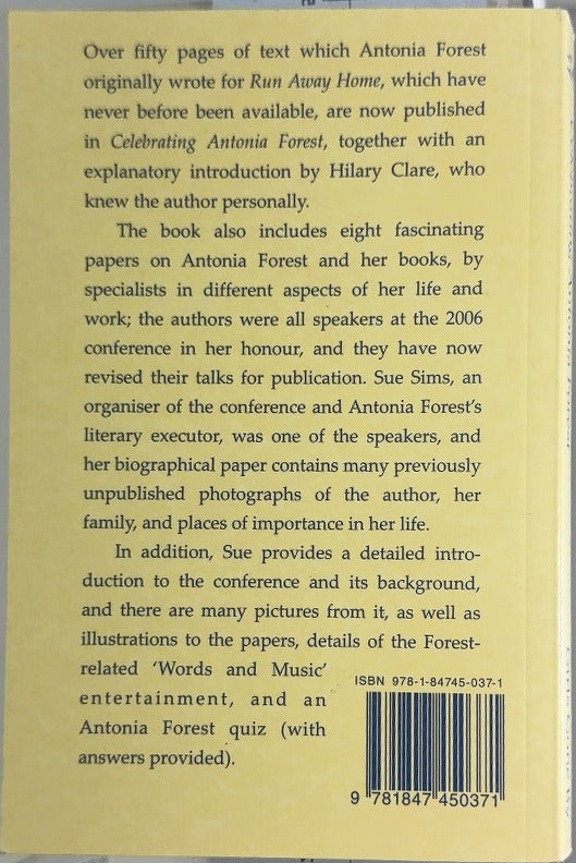 Celebrating Antonia Forest - By Sue Sims - back cover