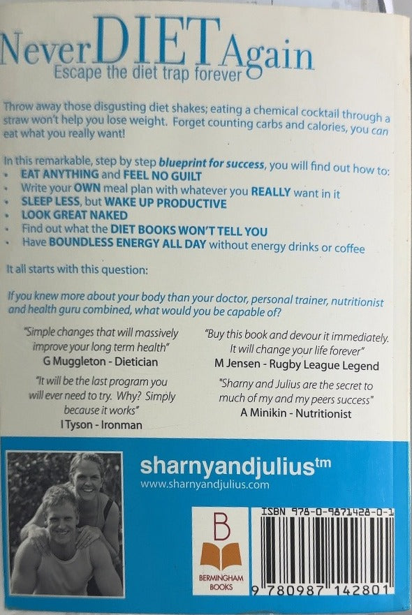 Never DIET Again - By Sharny Kieser & others - back cover