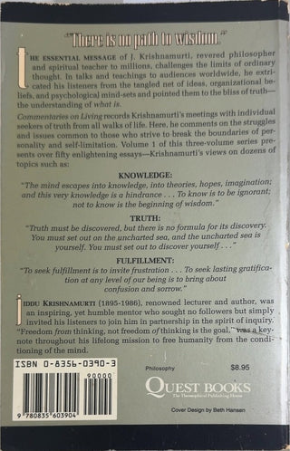 Commentaries on Living - By Jiddu Krishnamurti — back cover