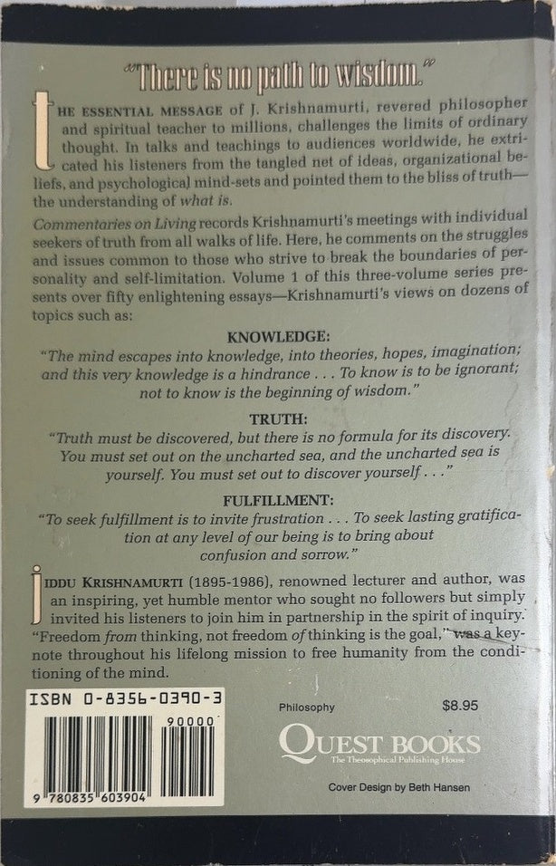 Commentaries on Living - By Jiddu Krishnamurti - back cover