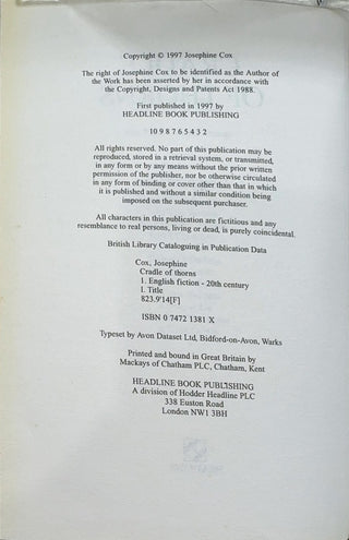 Cradle of Thorns - By Josephine Cox — copyright page