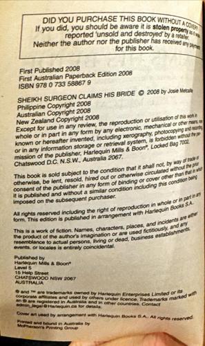 Sheikh Surgeon Claims His Bride — copyright page