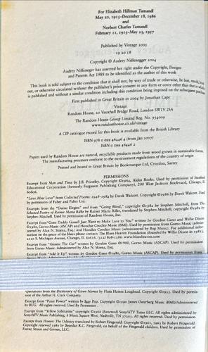 The Time Traveler's Wife — copyright page